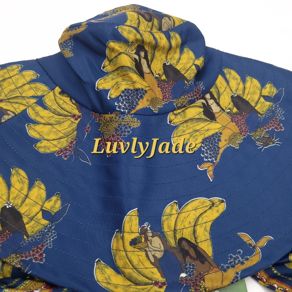 FARM RIO Mermaid Banana Blue Sun Extra Wide Slouchy Bucket Hat w/ Straps - Picture 6 of 11